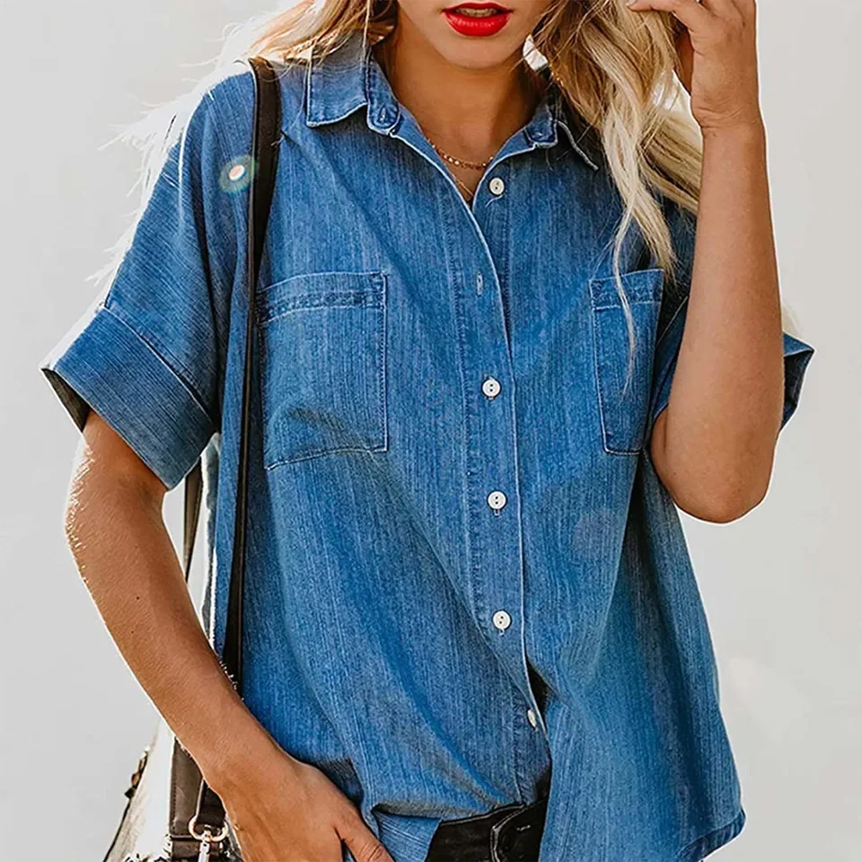 빈티지 3/4 소매 캐주얼 가을 셔츠 봄/여름 여성용 순색 데님 셔츠 & 여성용 반팔 블랭크 셔츠
