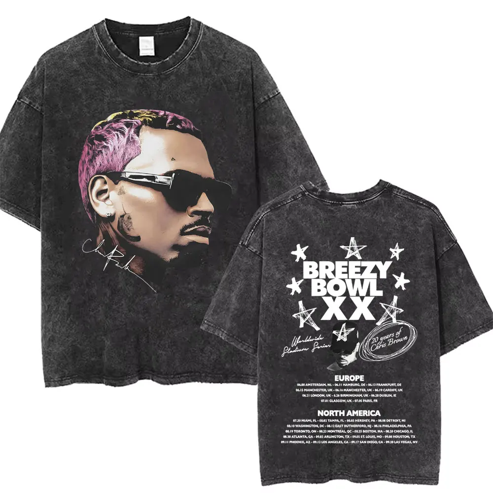 Retro Washed Chris Brown Music Album Cover Print T Shirt Breezy Bowl XX Tour 2026 T-Shirt Men women Hip Hop Fashion T Shirts