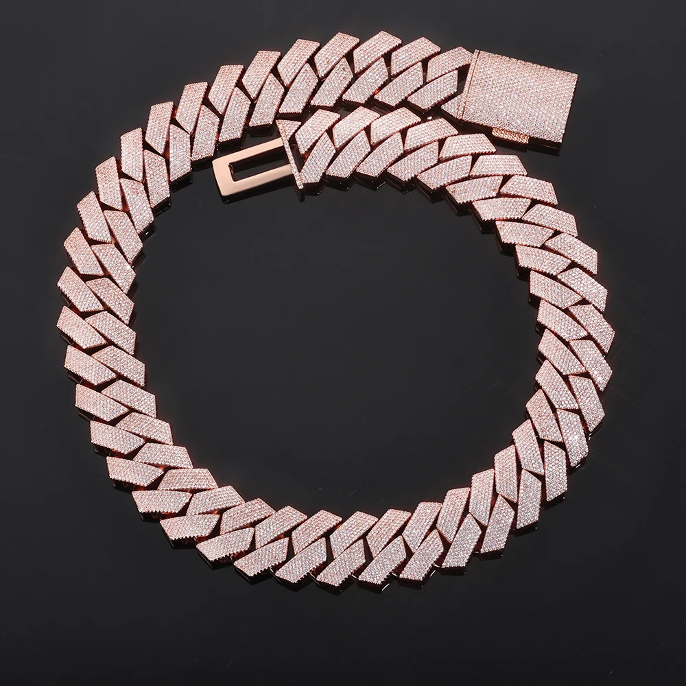 

HHIOK Men Hip Hop Necklace 25mm 6 Rows Iced Prong Cuban Link Chain Rose Gold Plated Cubic Zirconia Diamond Necklace