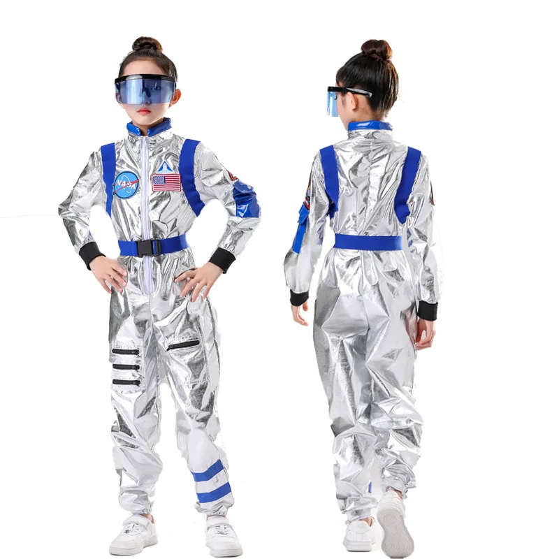 Spaceman Cosplay para crianças, traje de astronauta infantil, festa temática espacial, macacão prateado para meninos e meninas