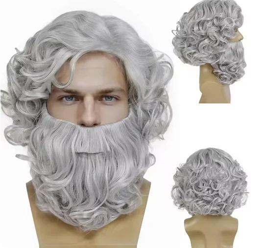 Conjuntos de pelucas y barba de mago sintético, peluca rizada corta gris para anciano, disfraz de Zeus, traje de Cosplay gris para hombres, fiesta de Navidad y Carnaval