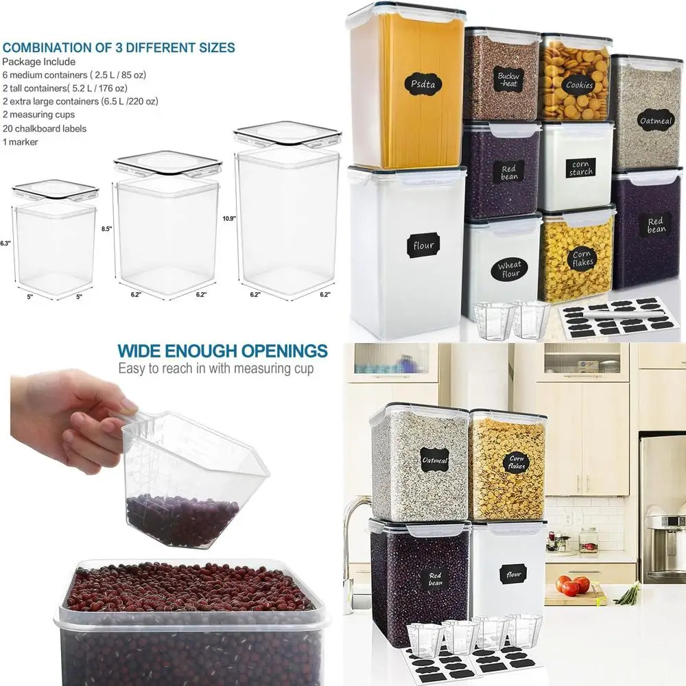 

10-Piece Large Airtight Plastic Food Containers Set, Perfect for Kitchen Storage and Organization, Great for Flour, Sugar, and M