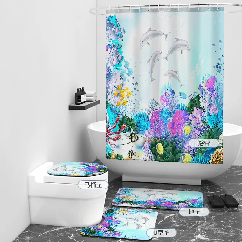 Underwater World 3D Printed Bathroom Set Together Shower Curtain Rug Set Bathroom Mats Rugs Toilet Decor Mat 01