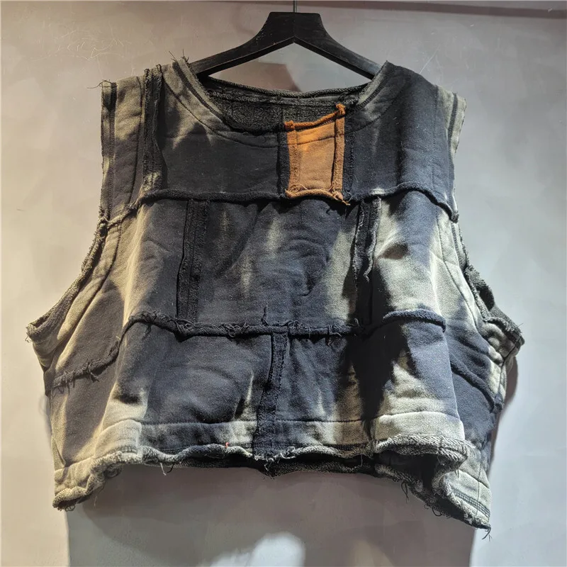 WTHT Vintage Fashion Women's Do Old Tie Dye Patchwork Short Vest 2025 Autumn Trendy O-neck Sleeveless Tops Female 1LS2549
