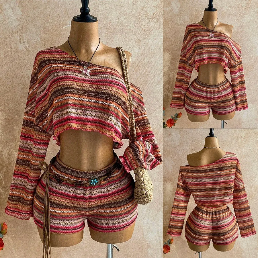 

Summer Women's Clothing Long Sleeve Top And Shorts Two Set Casual Polyester Blend Outfits