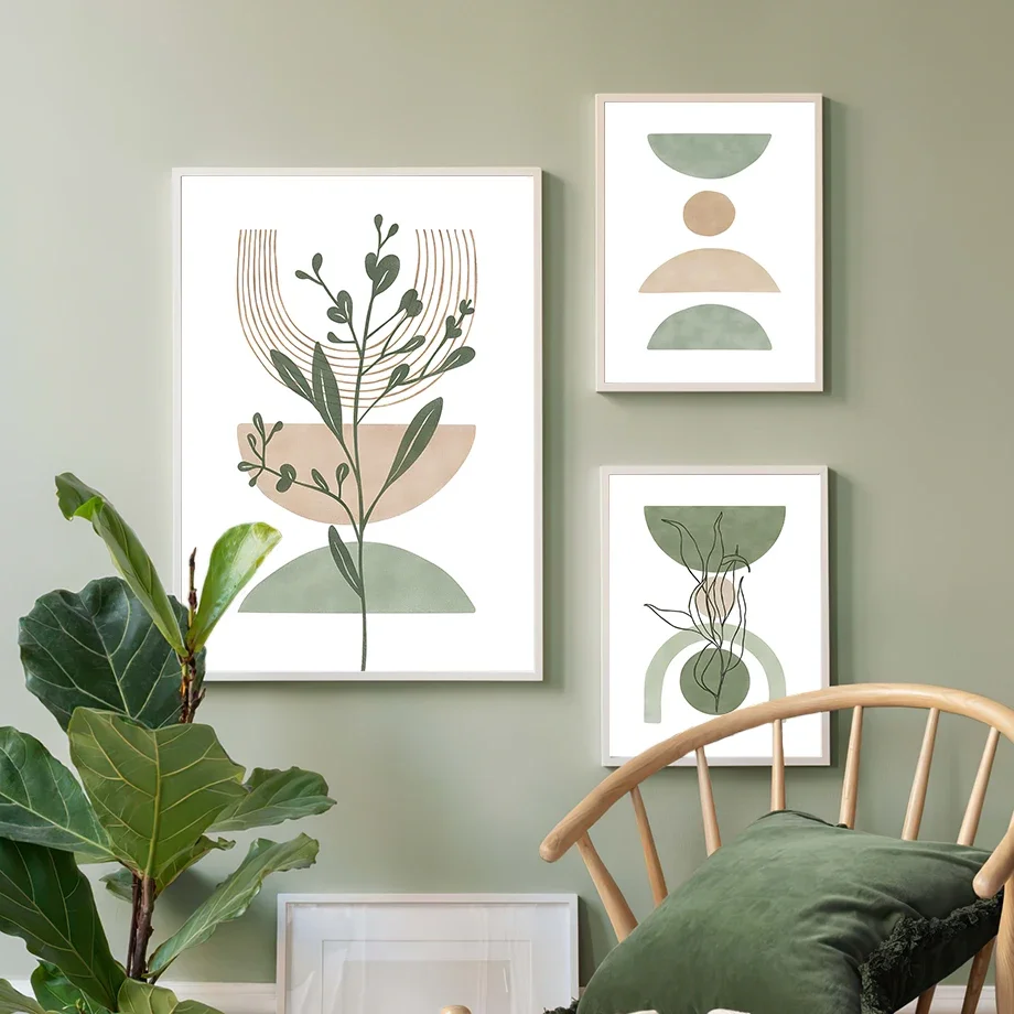 1PC Frameless Green Leaves Lines Geometry Abstract Boho Wall Art Canvas Painting Nordic Posters And Prints Wall Pictures For Liv