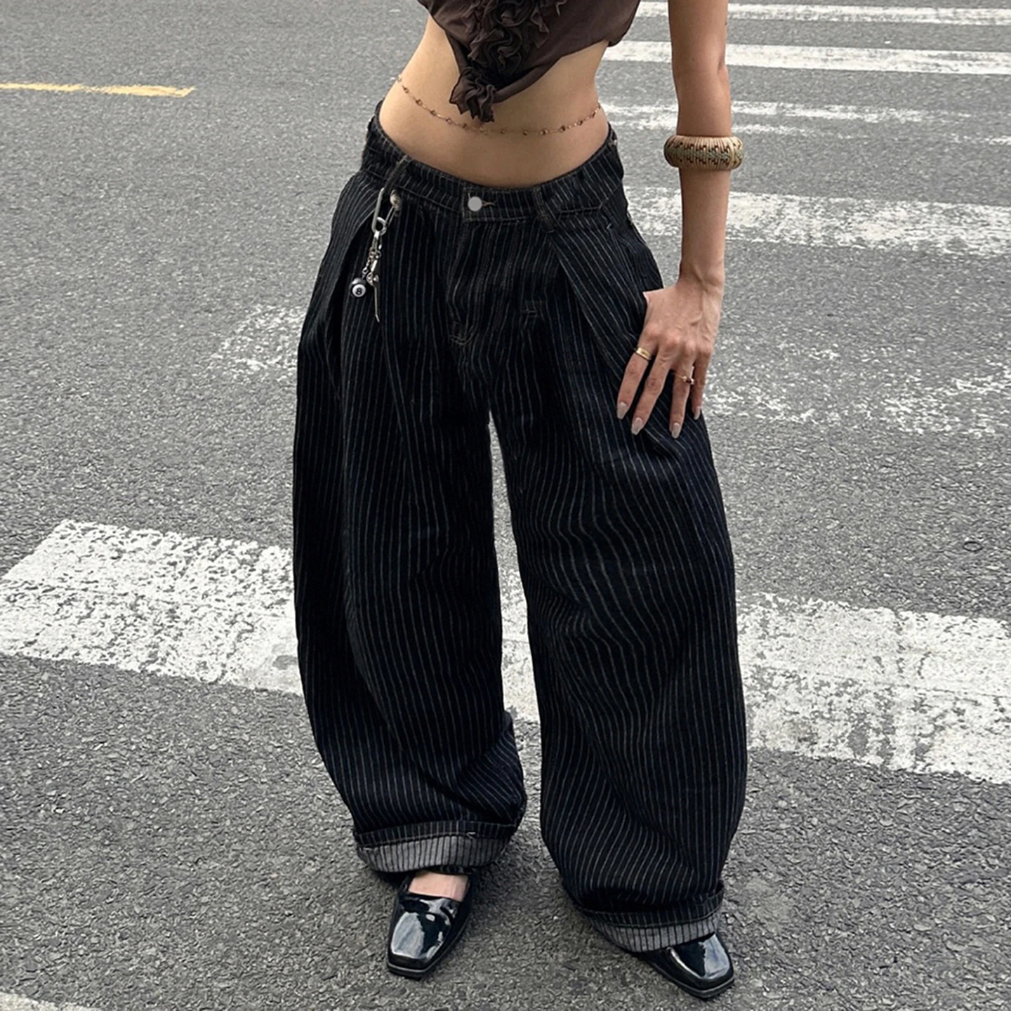 

IAMSURE-Streetwear Button-Fly Striped Curved Loose Jeans Fashion Pockets Black Grey Full Length Denim Trousers Women's Bottoms
