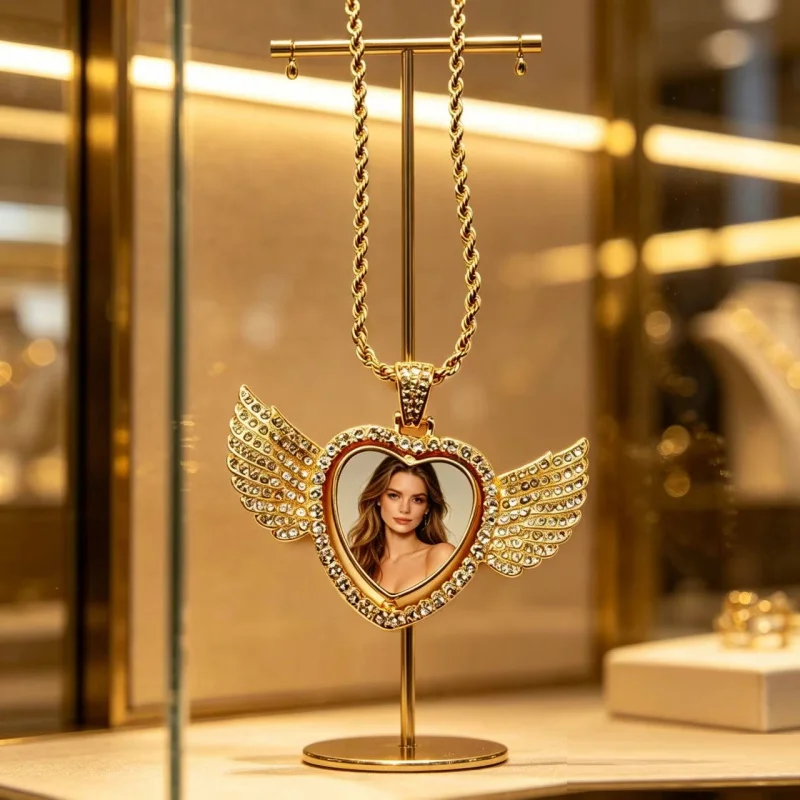 Double-sided printed angel wing heart necklace, personalized customization, rotatable, perfect for gifting or everyday wear