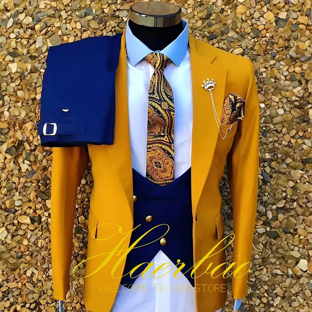 Groom Wedding Suit For Men Yellow Coat With Blue Vest Pants Slim Fit 3 Piece Formal Best Man Party Custom Made Plus Size Suit