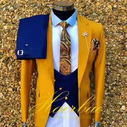 Traje de boda para novio para hombre, abrigo amarillo con chaleco azul, pantalones ajustados, traje Formal de 3 piezas, traje de fiesta hecho a medida de talla grande