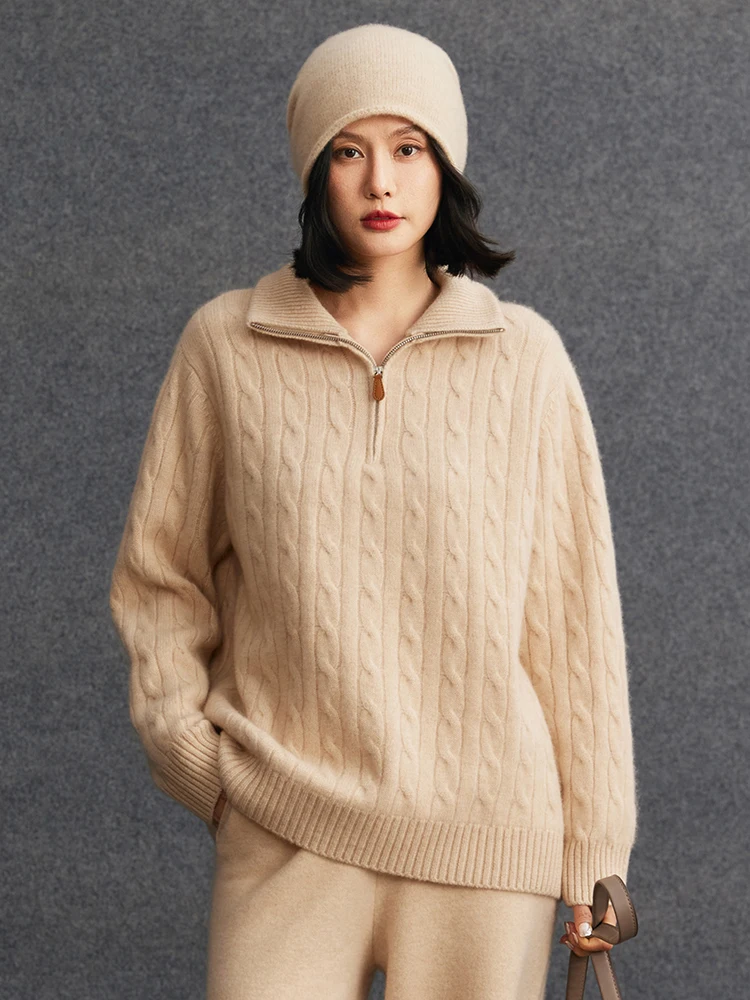 

TLOML Women's 100% Cashmere Sweater Turn Down Collar Half Zipper Pullover Cashmere Knitwear Autumn Winter Thick Soft Casual Tops