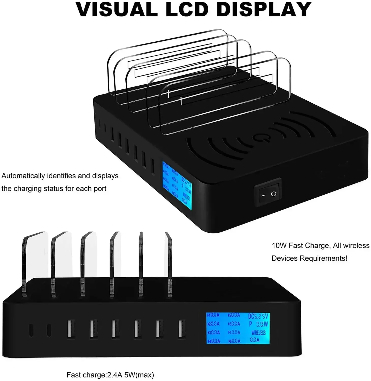 Multi USB Charging Station Qi Fast Wireless Charger For Iphone 15 14 13 Pro Max Samsung LCD Display 8 Port Carregador With Cable