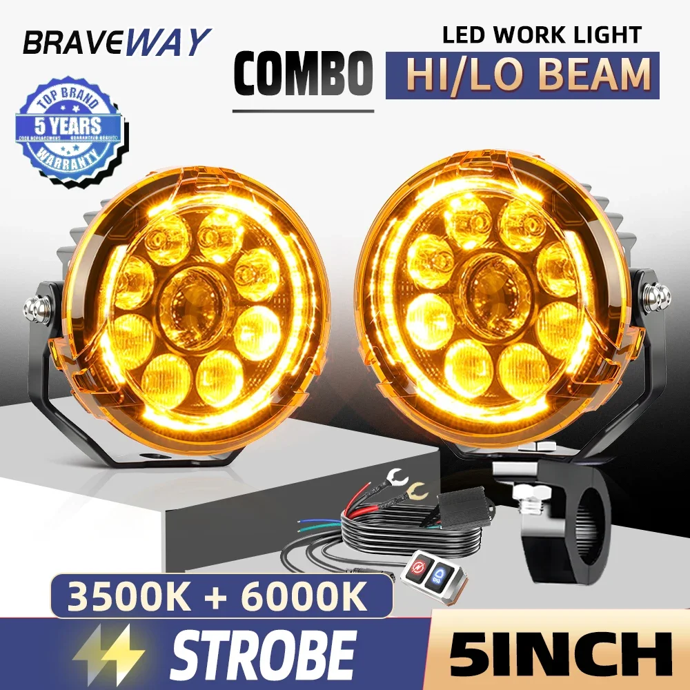 Phare de travail LED pour moto Braveway 5 pouces, double couleur 6000k + 3500k, faisceau haut/bas, DRL avec câble pour R1200GS F800GS F700GS F650 IP68