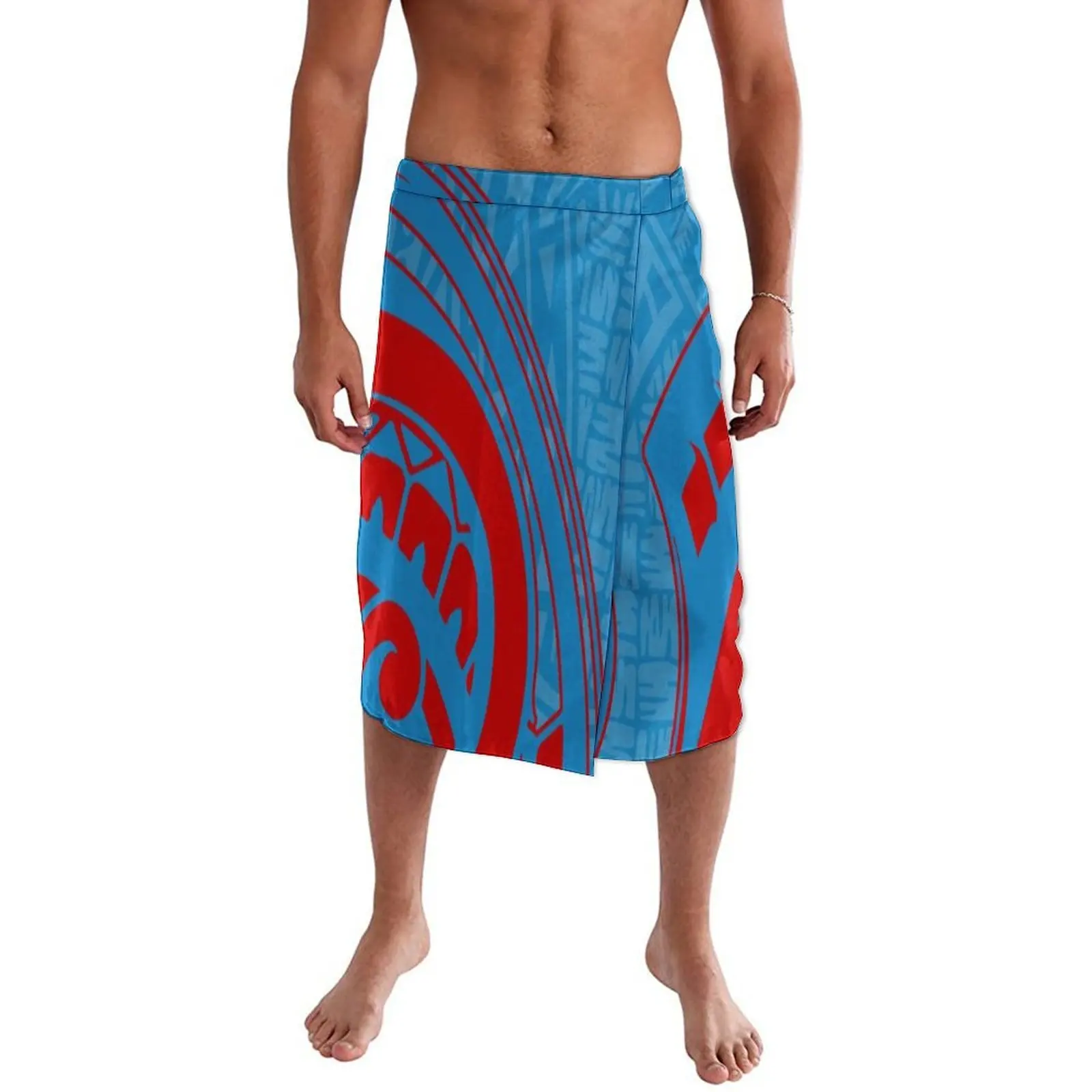 Hawaii Island Customized Men'S Soft Blue Midriff Skirt Pacific Trend Ethnic Lavalava Ie Faitaga Men'S Wrap Beach Dress