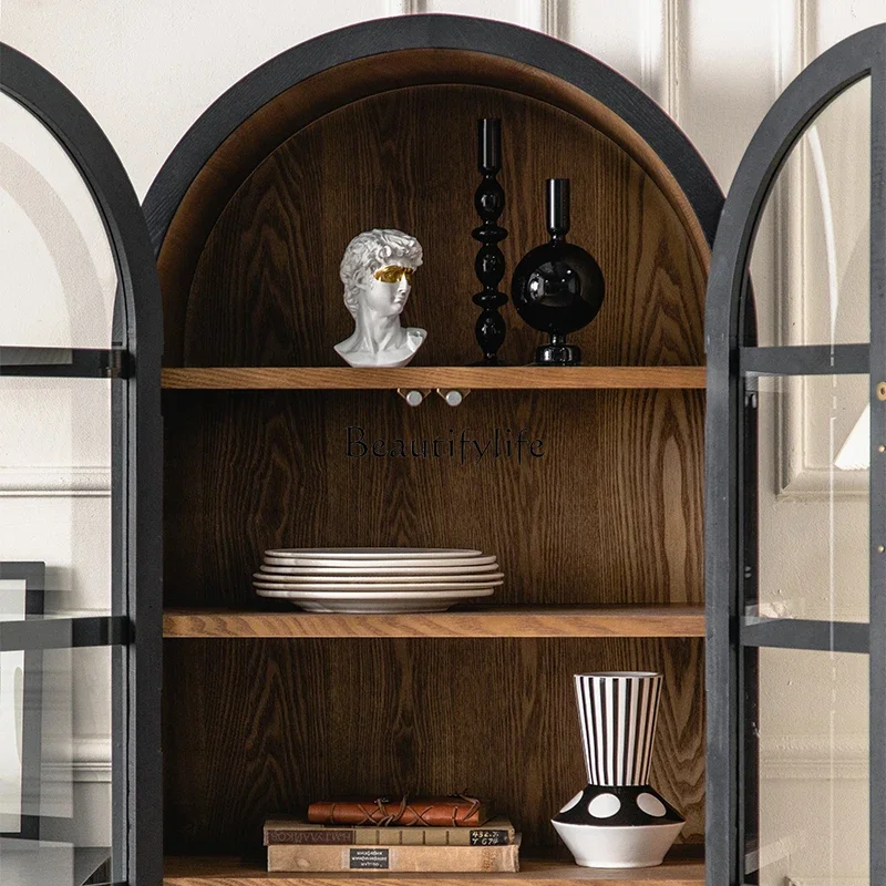 yj5French retro solid wood living room with glass door display American arched decorative cabinet