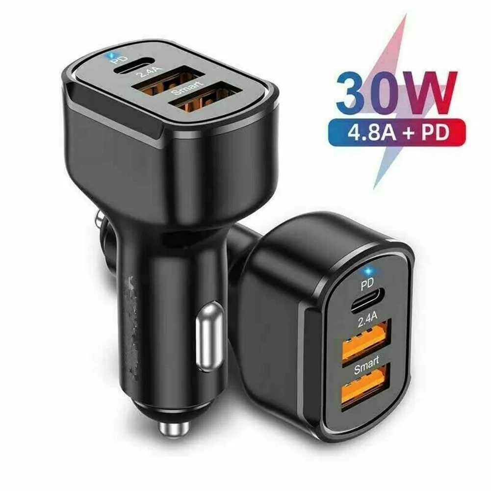 30W 12-24V Copper Coating 3-Ports USB PD Type-C Car Charger Fast Charging Portable Adapter For Phone/Tablet/GPS/Navigation est.