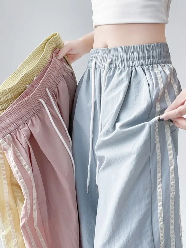 Blue Bowtie Work Pants Women's Summer Thin High Waist Drapey Small Size Casual Sports Qui Dry Wide Leg Long Trousers