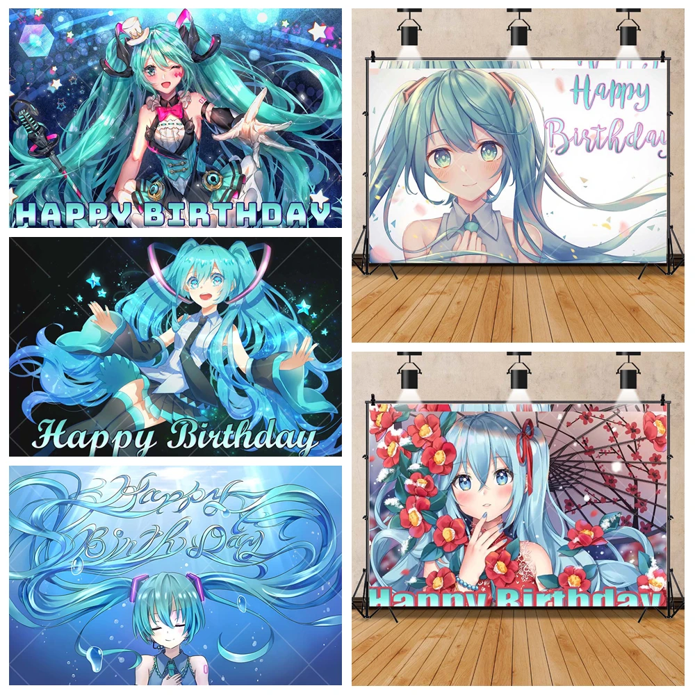 

Hatsune Miku Theme Photography Background Custom Name Child Kid Girl 1st Happy Birthday Party Cake Decoration Poster Photo Props