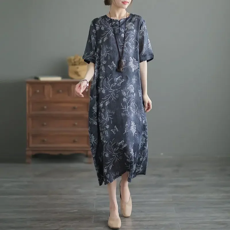 

2025 Summer New Retro Ethnic Style Printed Loose Ramie Cheongsam Dress XT545