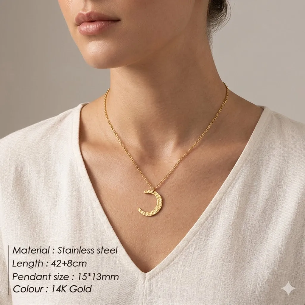 St-Delan Hammered Crescent Moon Pendant Necklace for Women Stainless Steel Dainty Minimalist Horn Choker Jewelry