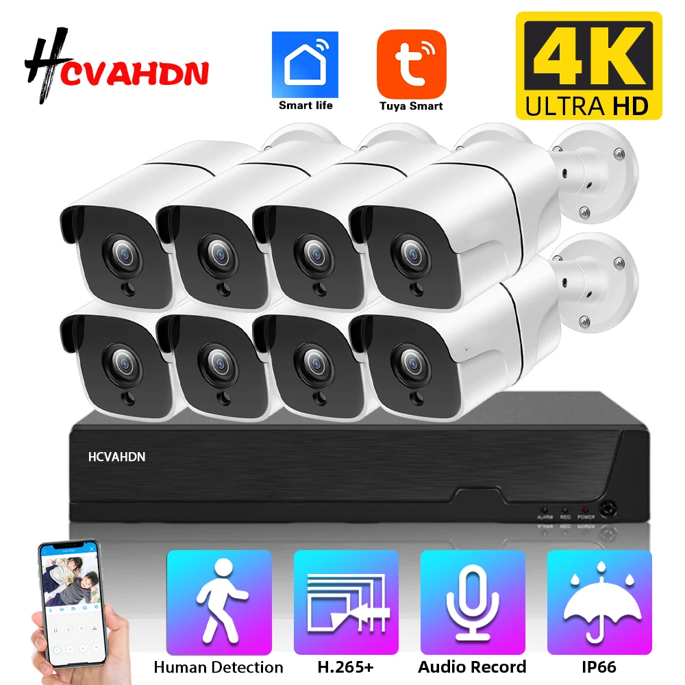 Smart life 4K CCTV Security Camera System Set 8CH Outdoor Waterproof POE IP Bullet Camera Video Surveillance Kit 8MP POE NVR Kit