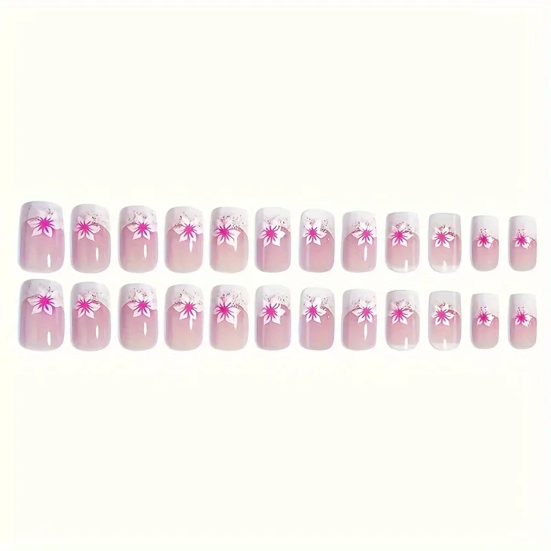 24 قطعة قصيرة مربعة الوردي زهرة التدرج مسمار بتلات حلوة Ins نمط وهمية مسمار الفرنسية يرتدي مسمار ملابس الزفاف اليومية