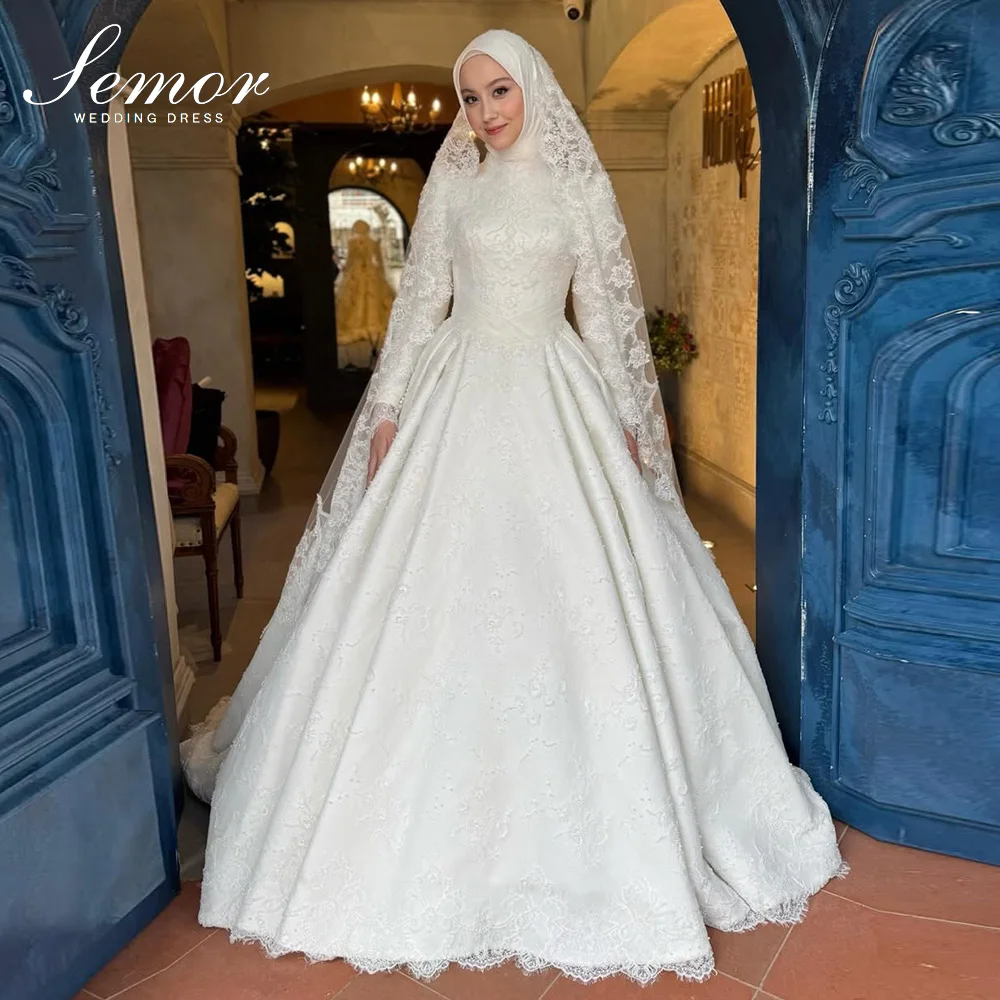 Semor Exquisites Muslimisches Spitzen-Perlen-Hochzeitskleid 2026 A-Linie Applikation Langarm Brautkleid Maßgeschneidert Vestidos Novias Boda