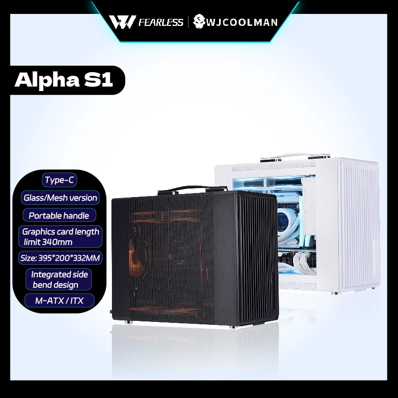 WJCOOLMAN Alpha S1 Transparent glass/Mesh Version M-ATX PC Case Type-C gabinetes gamer Desktop Portable hand computer case