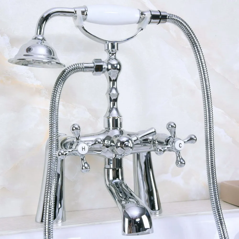 

Bathtub Faucets Chrome Luxury Deck Mounted Telephone Style Clawfoot Tub Mixer Tap with Handheld Spray Shower