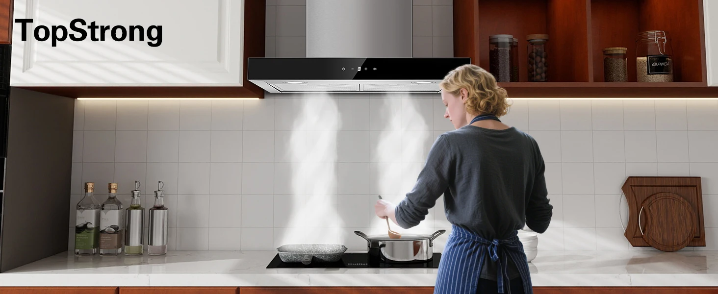 Topstrong 60 cm Wandmontage, 400 m3/h A+++, LED-Touch-Control-Abluftventilator aus Edelstahl, leise, 52 dB, Küchenhaube – Detail 1