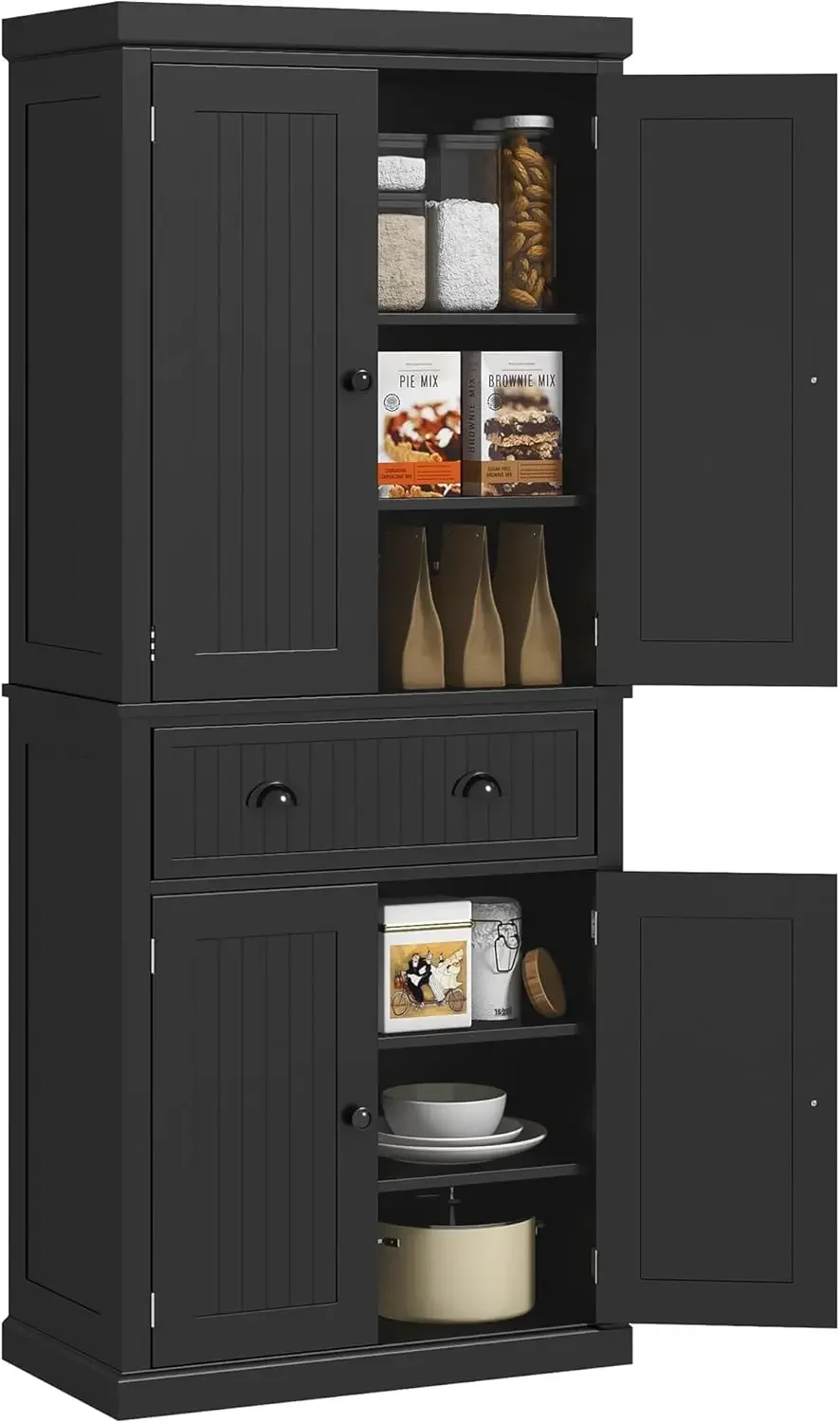 

72" Kitchen Pantry Cabinet, Freestanding Tall Storage Cabinet, Traditional Kitchen Cabinet with 4 Doors, Drawer and 3 Adj