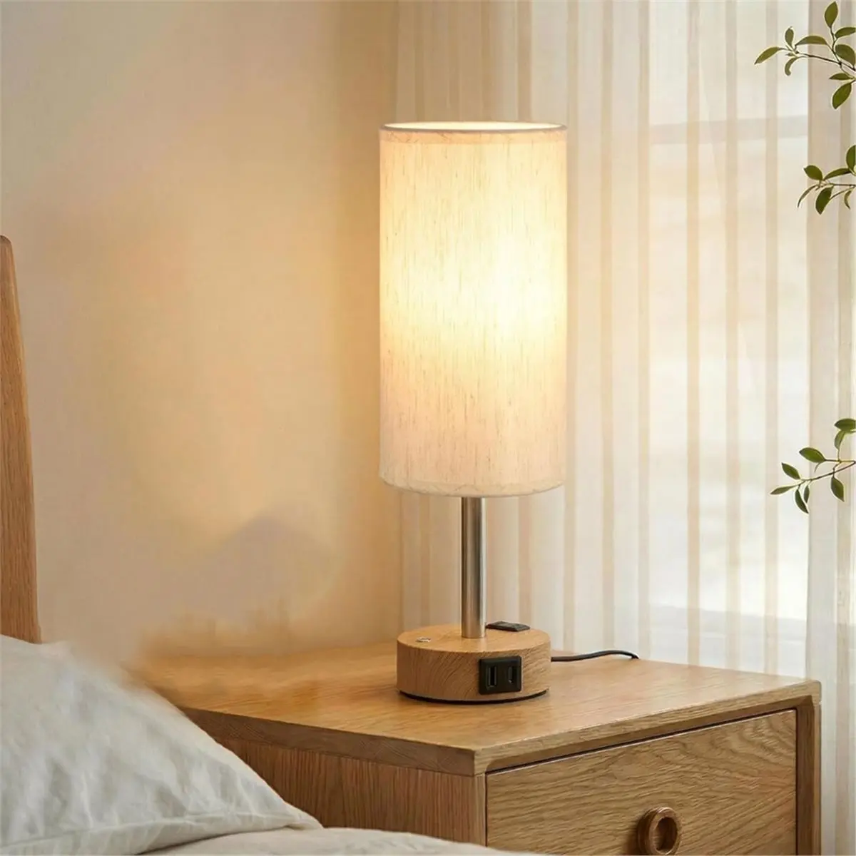 giftnew Touch Bedside Table Lamp, Dimmable Nightstand Lamp, Small Wood Desk Lamp with Ports and Outlet for Nursery Dorm US Plug