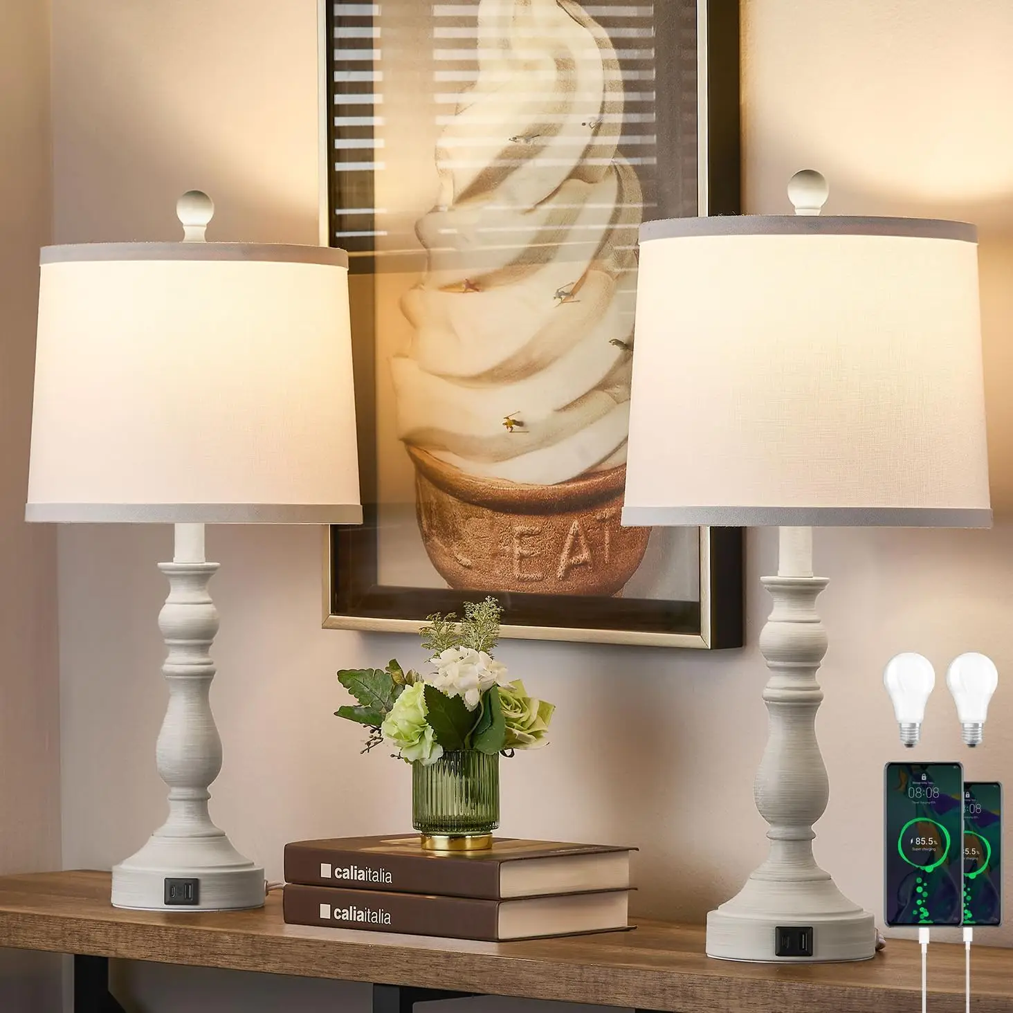 

Set of 2 Retro Farmhouse Table Lamps with USB Ports, 3 Color Temperatures, Bulb Included for Living Room Bedroom Office