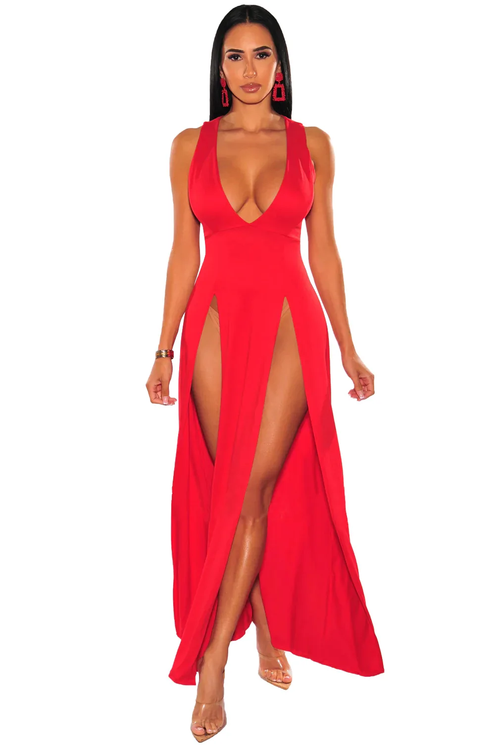 

Sexy Deep V Neck Dress Women High Split Bodycon Cocktail Party Maxi Formal Evening Dress Solid Red Summer Long Club Dress