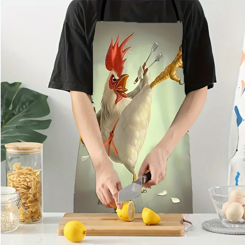 Colorful Rooster Print Apron - Durable Polyester, Sleeveless Design For Cooking & Cleaning