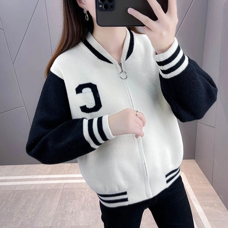 2025 Women's Short Vintage Loose Knit Retro Sweater Cardigan Baseball Style Patchwork Coat