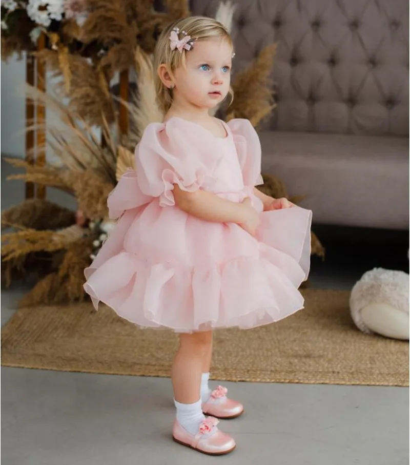 Pink Puffy Girl Costume Tutu Criança Frock Kid Joelho Comprimento Flower Girl Dress Roupa de aniversário infantil com grande arco