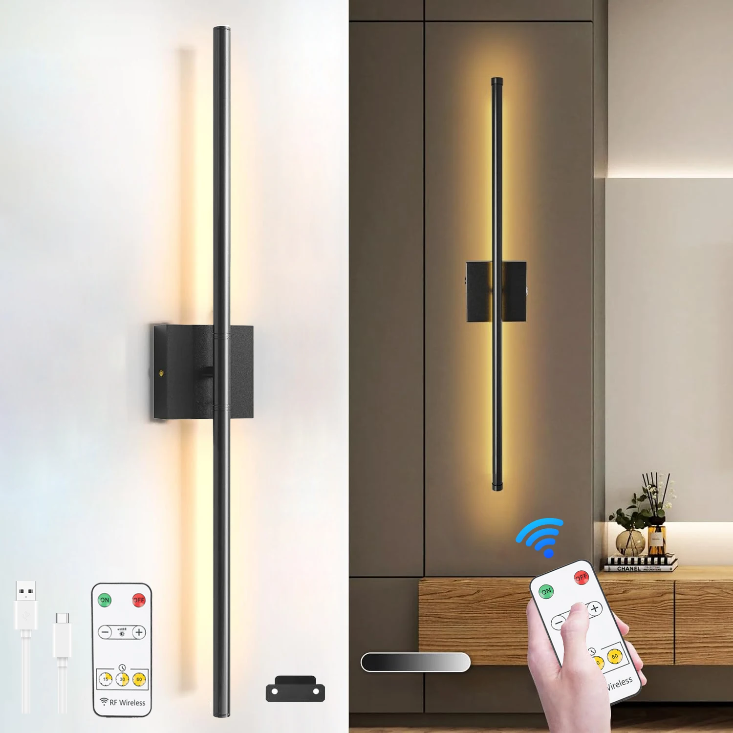 

Modern LED Wall Light Wireless Installation USB Charging Remote Control Dimmable Wall Lamp Bedroom Living Room Home Decor Light