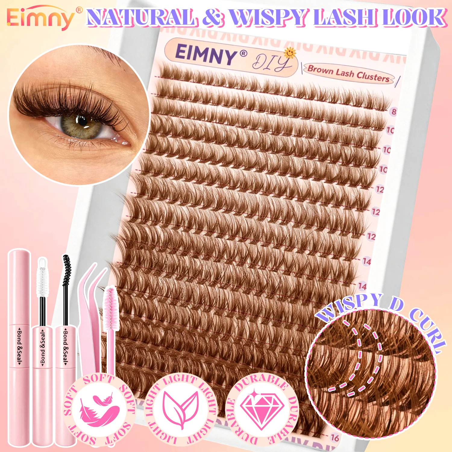 EIMNY 300-teiliges braunes Wimpern-Cluster-Set, warme braune Wimpern passen perfekt zu hellbraunen Haartönen, lang und für Anfänger geeignet