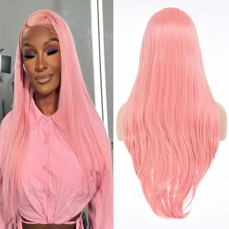 Pink Color Long Straight Synthetic Lace Front Wigs High Quality Heat Resistant Fiber Natural Hairline For Black Women Cosplay