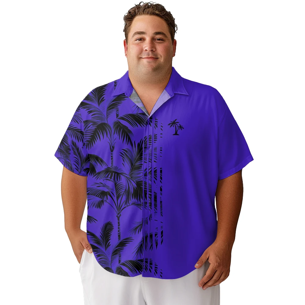 2024 new  Men's shirts plus size White coconut tree with purple base printed clothing casual short-sleeved