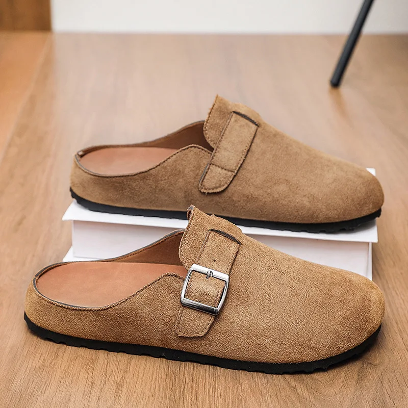 2026 New Mens Suede Cork Slippers Clogs Slip-on Leather Sandals Closed Toe Comfort Footbed Slides Slippers Summer Casual Shoes
