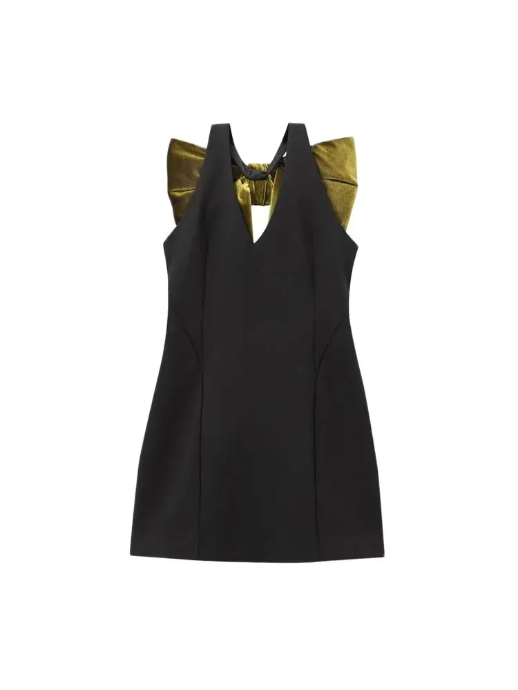 Damen-Minikleid aus Samt mit Schleifenträgern, V-Ausschnitt, ärmellos, Reißverschluss hinten, Damenkleider, sexy Mode