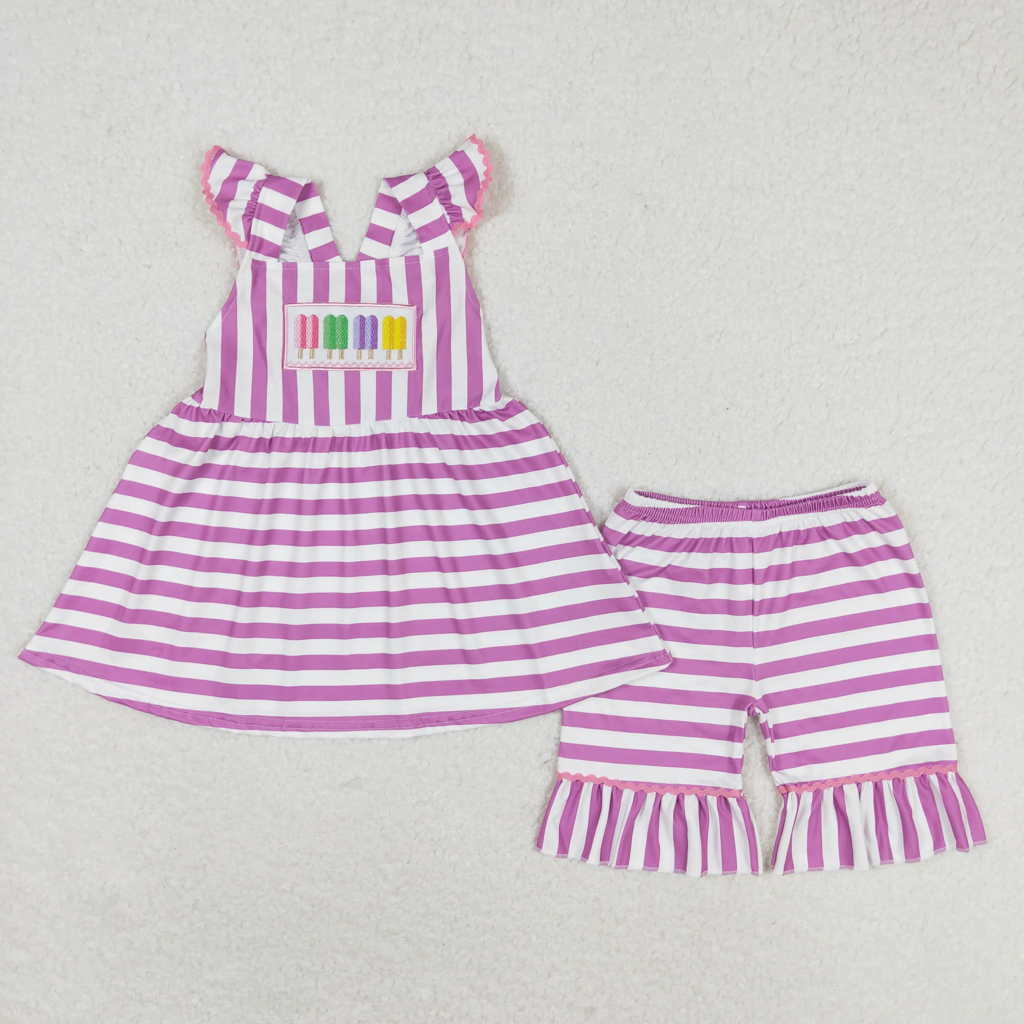 

z911-16 GSSO0734 Wholesale kids clothes girls Embroidered colorful striped flying sleeve short sets Boutique baby girls clothes