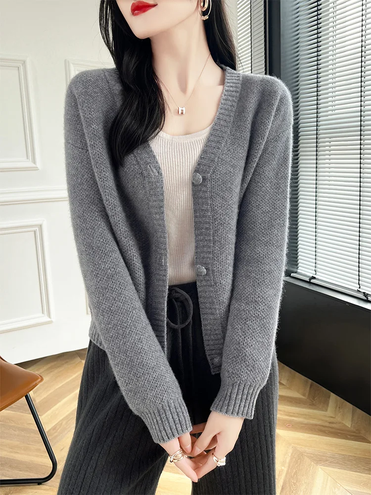 

Autumn Winter Women's Cardigans V-neck Cashmere Sweater Long Sleeve 100% Merino Wool Knitwear Short Outerwears Female Clothing