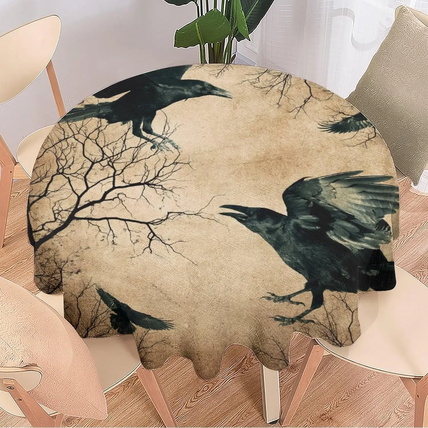 Gothic Crow Halloween Kitchen Round Tablecloth Home Decor Retro Forest Flying Black Birds Raven Crow Indoor Outdoor Dining