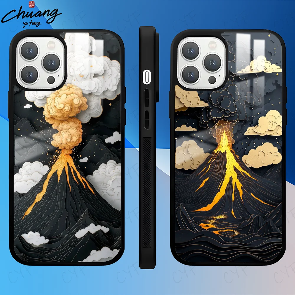 3D volcano Phone Case For 11 12 13 14 15 16Pro Max mini Plus Frosted mirror Phone Cover