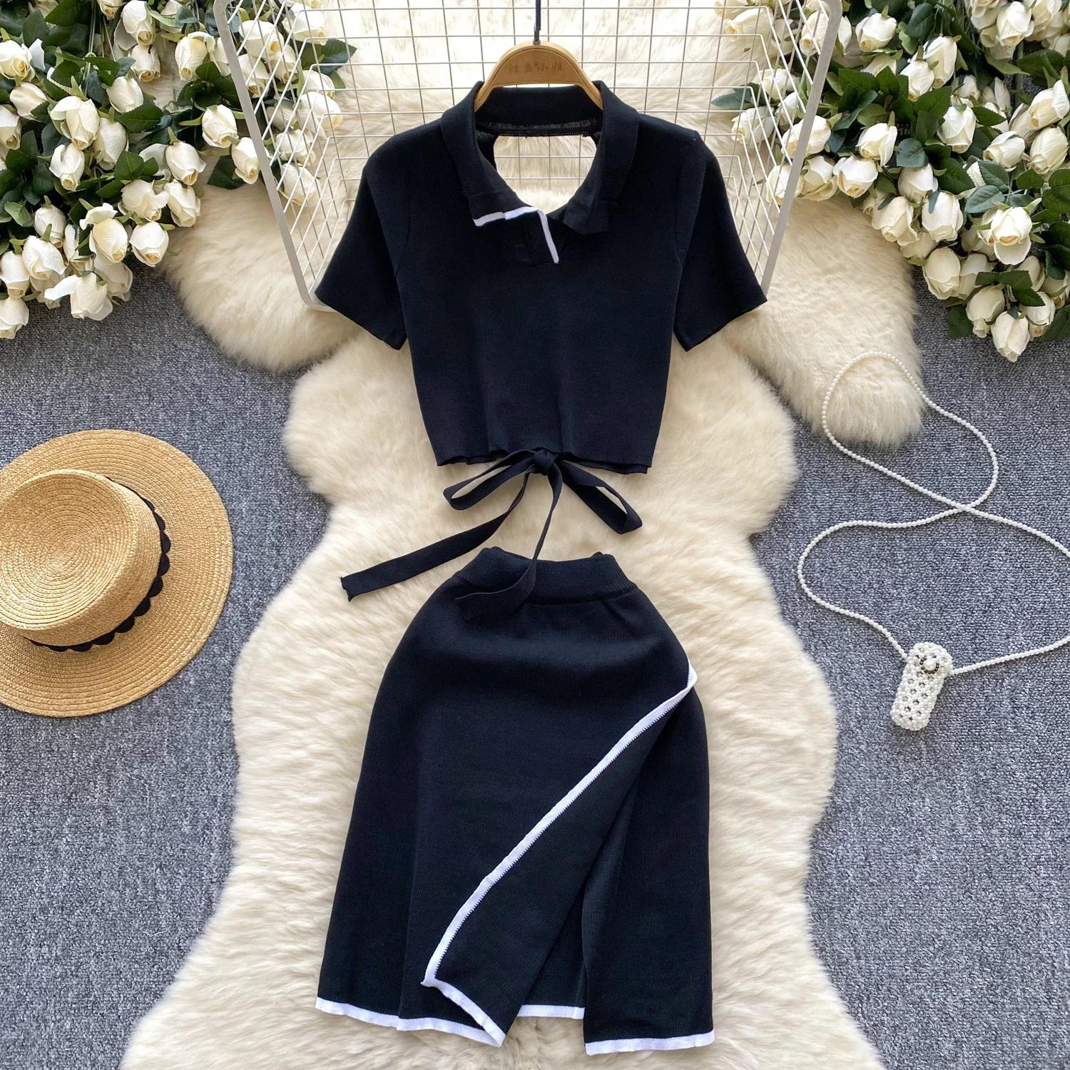 Chic Women Two-Piece Sets Turn-down Collar Backless Bandage Top High Waist Split Short Skirt Korean Fashion High Street Clothing