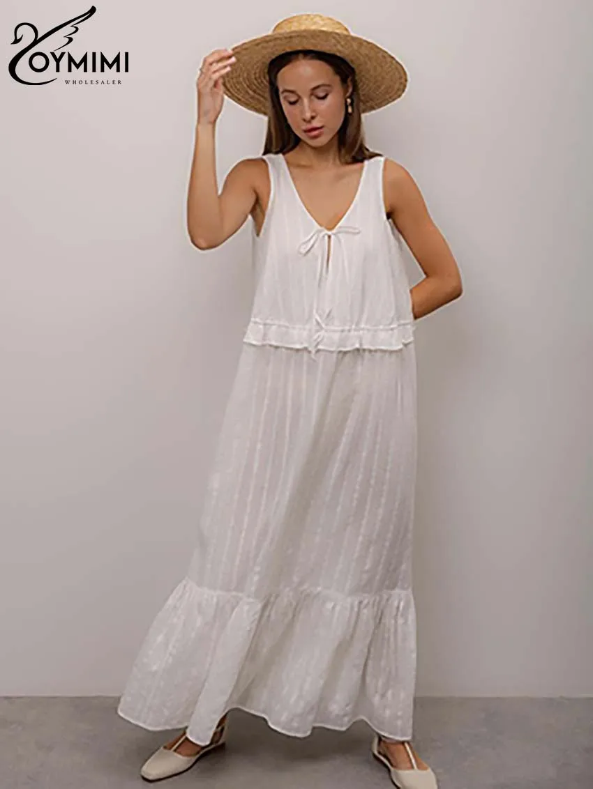 

Oymimi Fahsion White Cotton Women's Dress Elegant V-Neck Sleeveless Lace-Up Dresses Casual High Waist Pleated Ankle-Length Dress