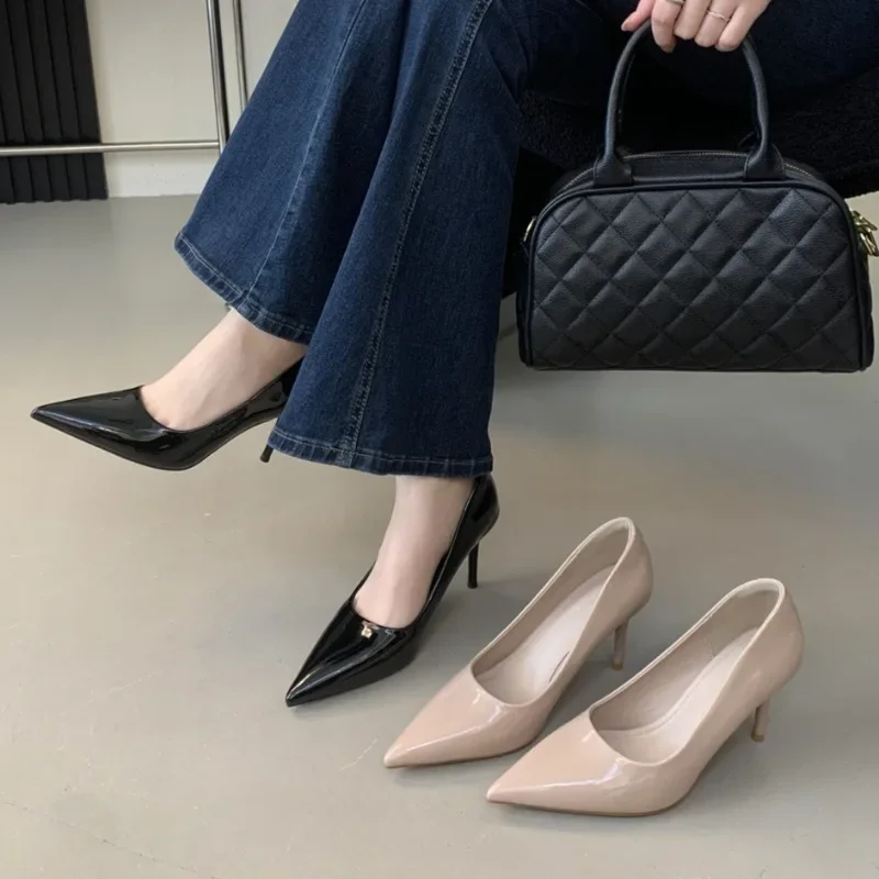 

Women's Pointed Toe Patent Leather Small Metal Decor Slip on Thin Stiletto Heel Pumps Elegant Office Work Busines Daily Footwear